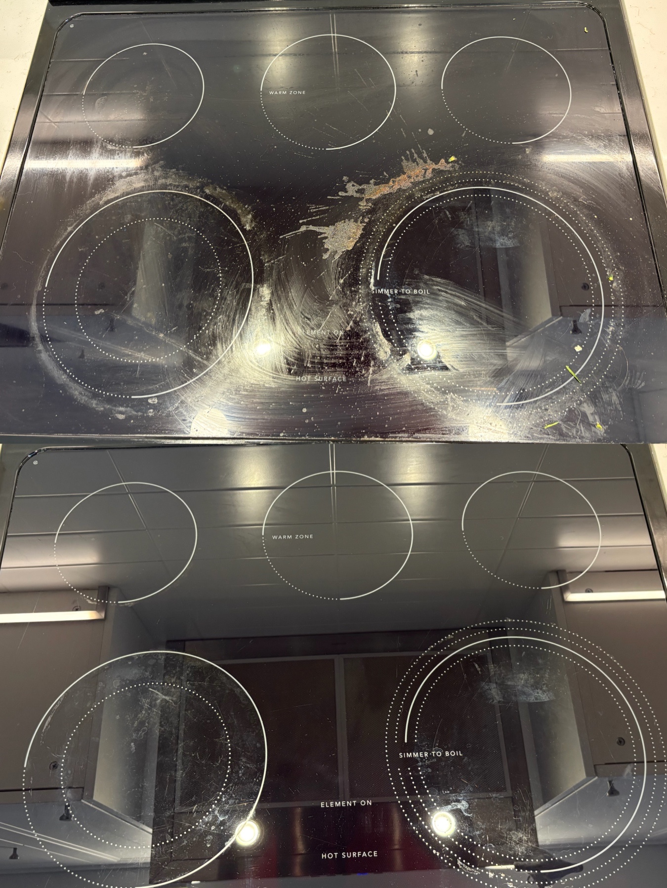 Before and after cleaning a cooktop