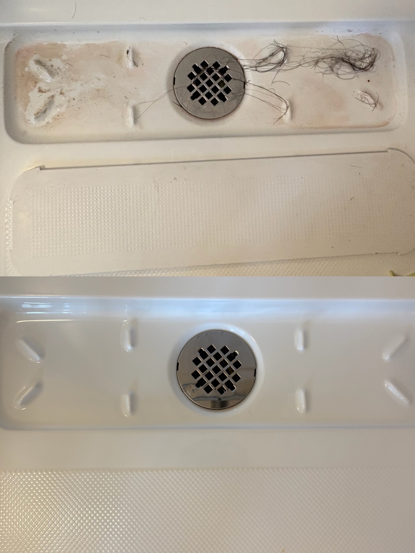Before and after cleaning a shower drain