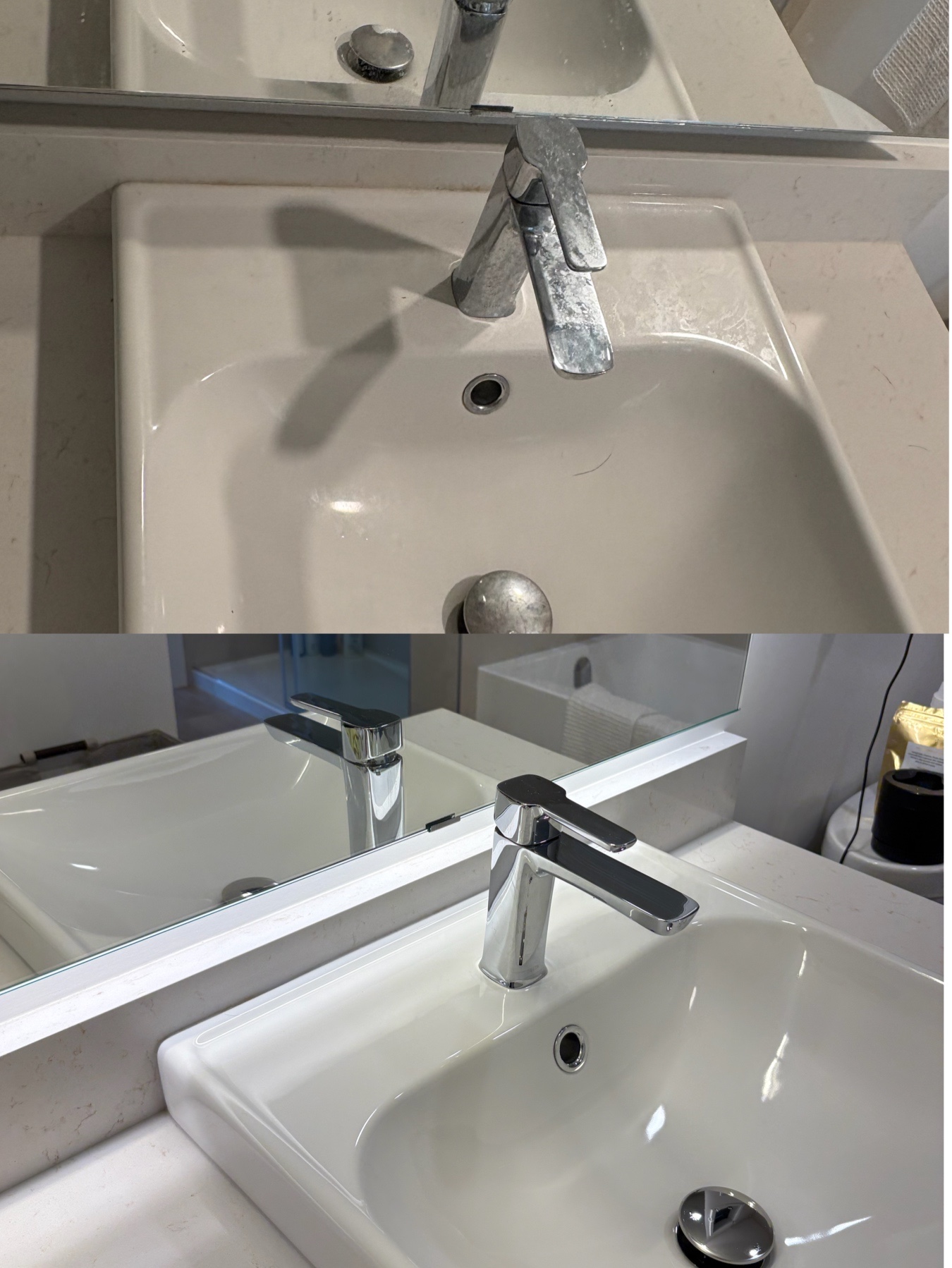 Before and after cleaning a bathroom sink